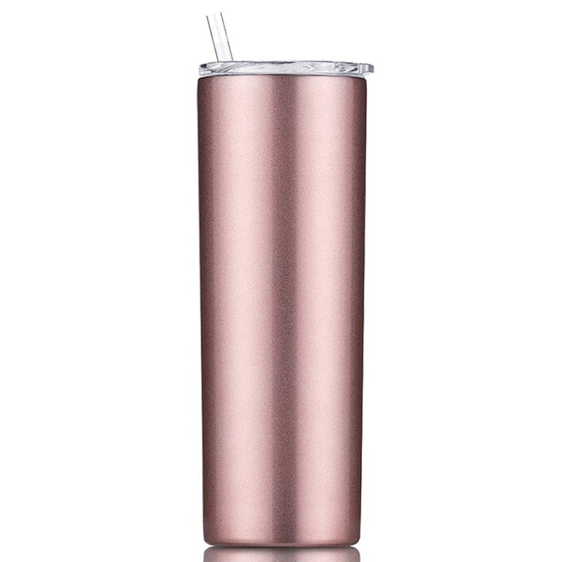 Gteller Double Wall 18/8 Stainless Steel Vacuum slim skinny tumbler with straw and lid, insulated travel mug keeping beverage cold and warm (rose gold, 20oz) - Image 1